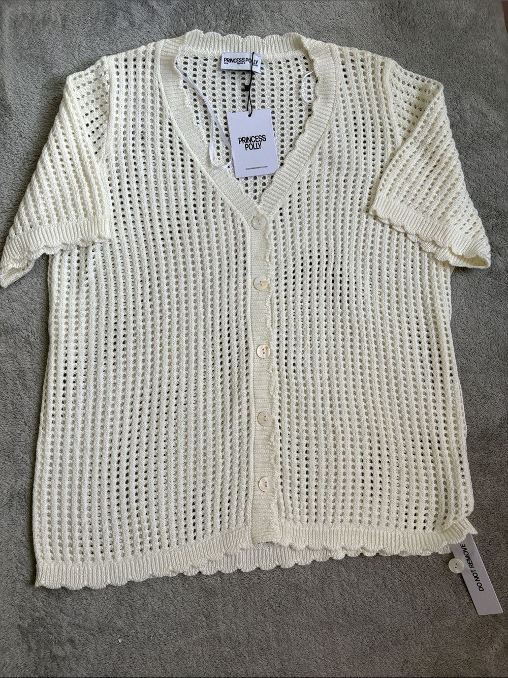 Princess Polly Cream Open-Knit Button Cardigan